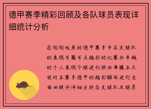 德甲赛季精彩回顾及各队球员表现详细统计分析